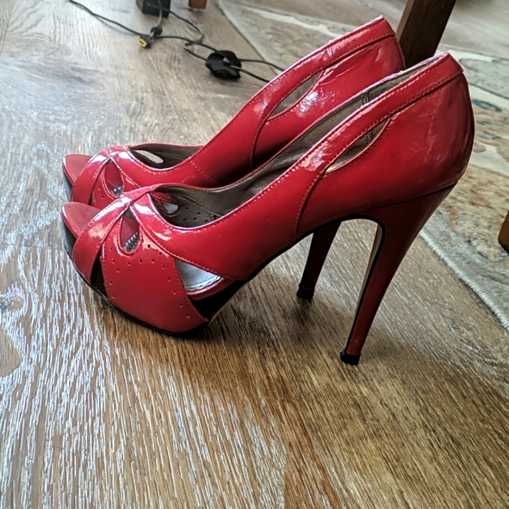 Patent red peep toe heels